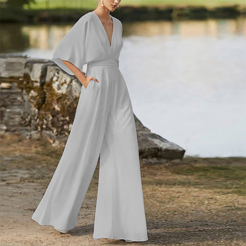 Women's Dress Deep V High Waist Wide Pants