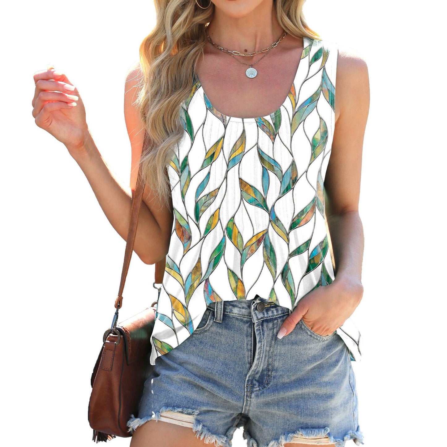 Women's Round Neck Printed Loose Sleeveless T-shirt Blouses