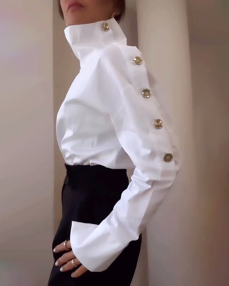Women's Temperament High Collar Metal Buckle Shirt Tops