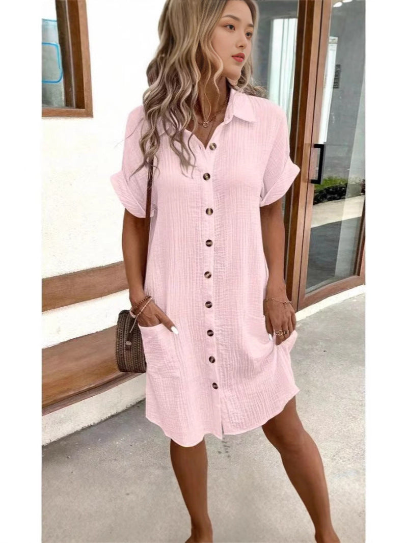 Women's Casual Solid Color Cotton Linen Breasted Mid-length Sleeve Clothing