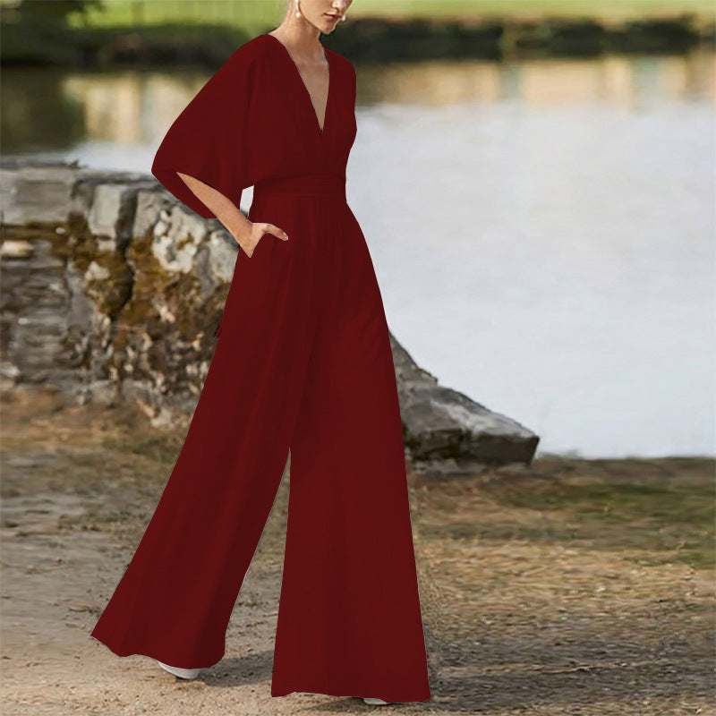 Women's Dress Deep V High Waist Wide Pants
