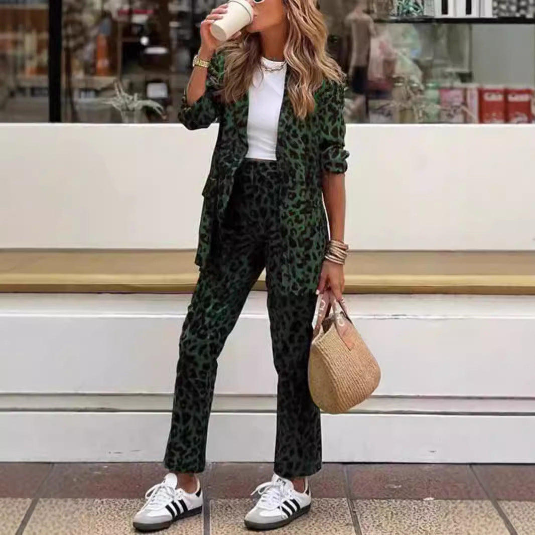 Women's Leopard Print Printed Long-sleeved High Waist Suits