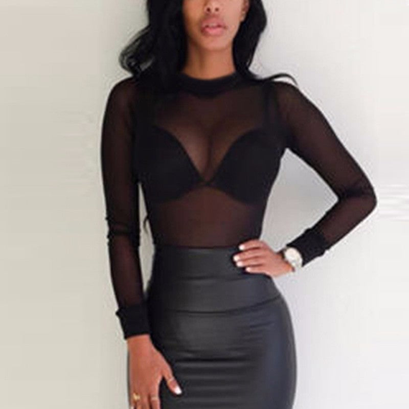 Women's Tight Sexy Mesh Bottoming Shirt Transparent Long Sleeve Blouses