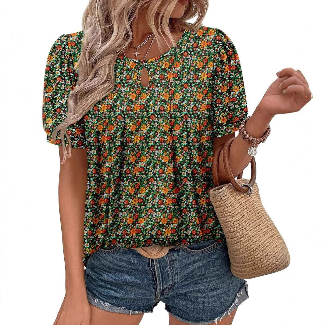 Women's Floral Print Round Neck Ripped Leisure Blouses