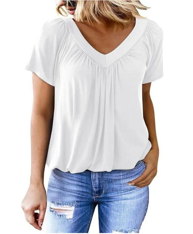 Women's Casual Pleated Solid Color Short-sleeved T-shirt Blouses
