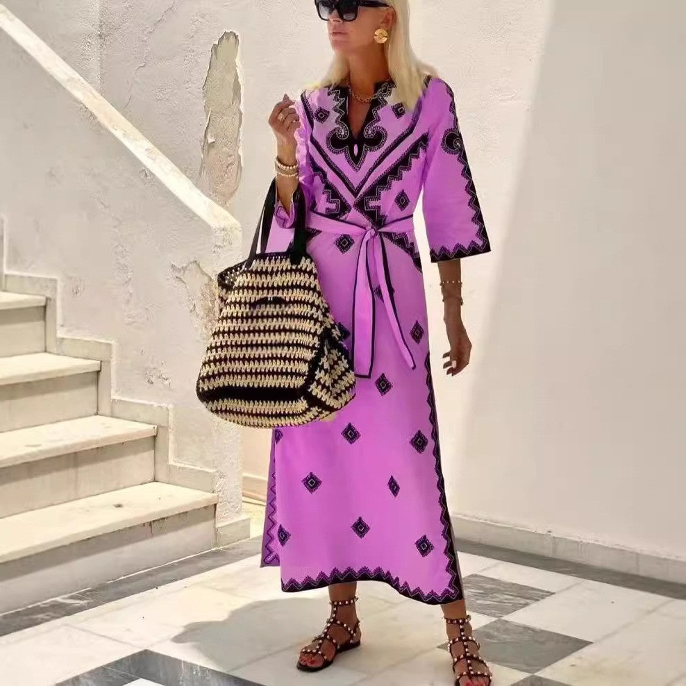 Women's Printed Belt Linen Bohemian Dress Dresses