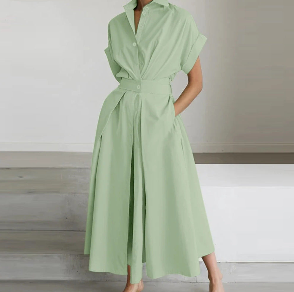 Solid Color Cotton Linen Elastic High Dress