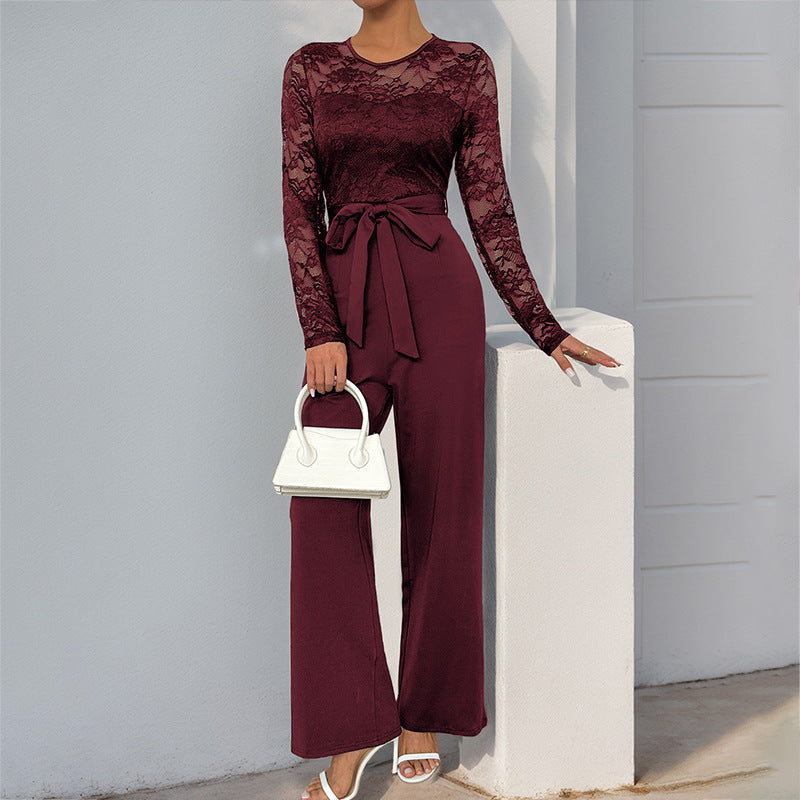 Lace Stitching Zipper Solid Color Loose Jumpsuits