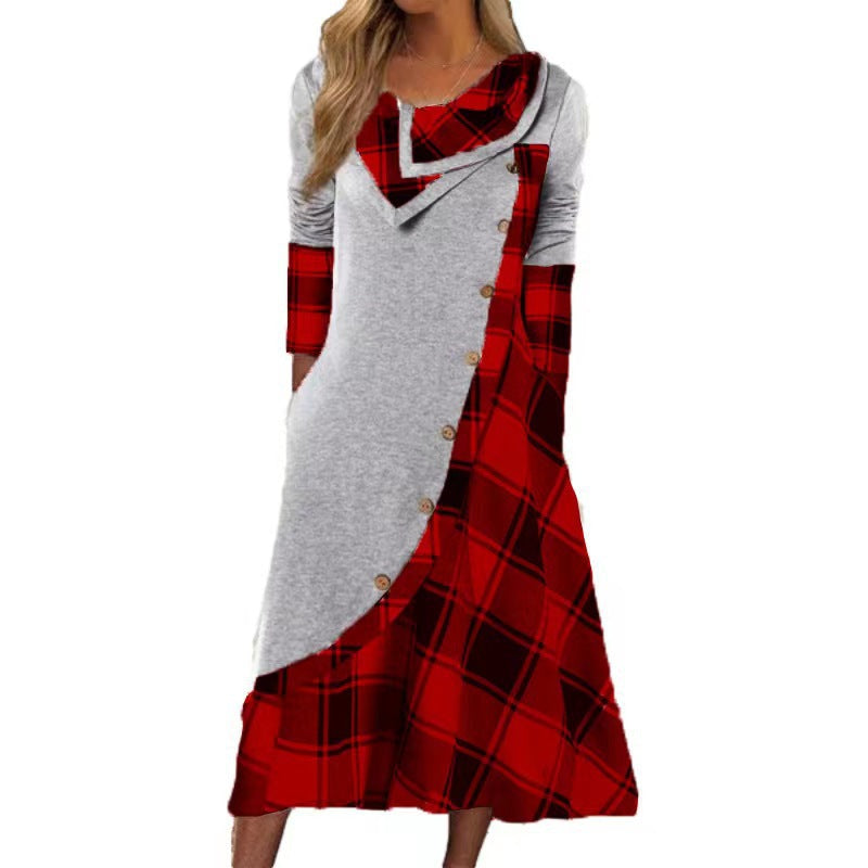 Women's Plaid Stitching With Pocket Pile Collar Dresses