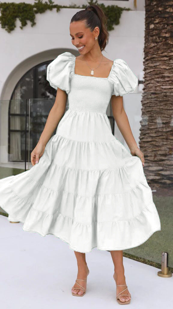 Women's Summer Puff Sleeve Holiday Slim Looking Long Dress Hot Dresses