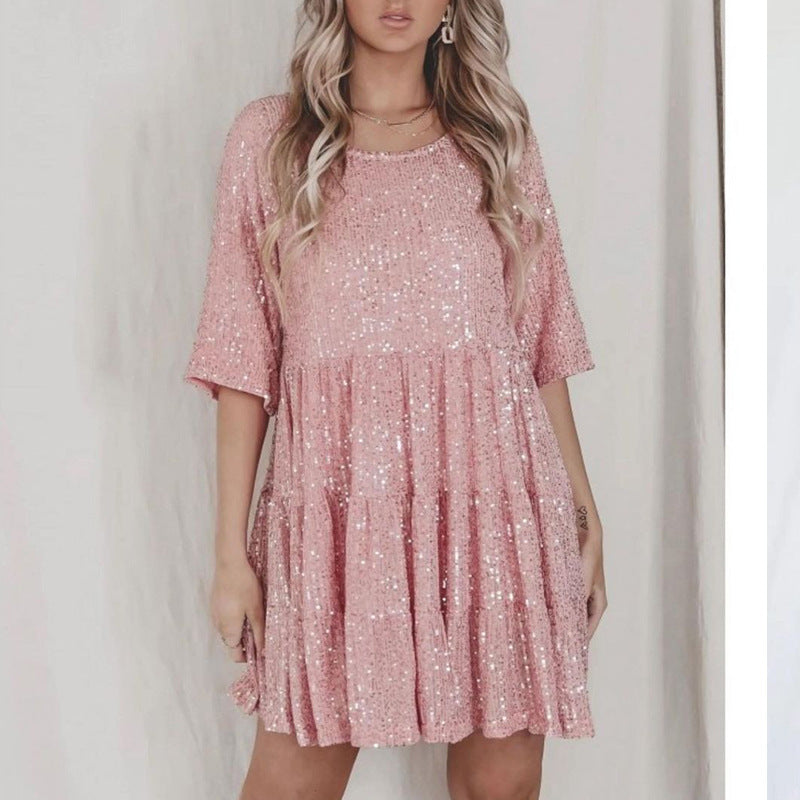 Women's Spring Clothes High-grade Fashionable Sequins Round Neck Loose Waist Dresses