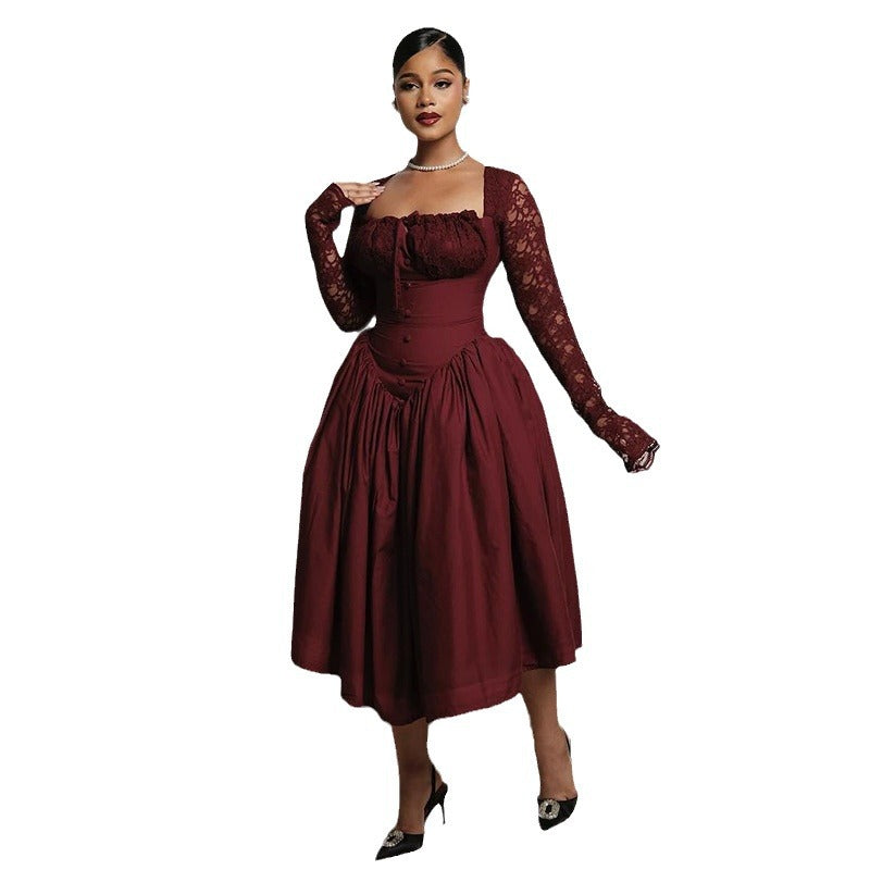 Women's Spring Temperament Square Collar Lace Long Dresses