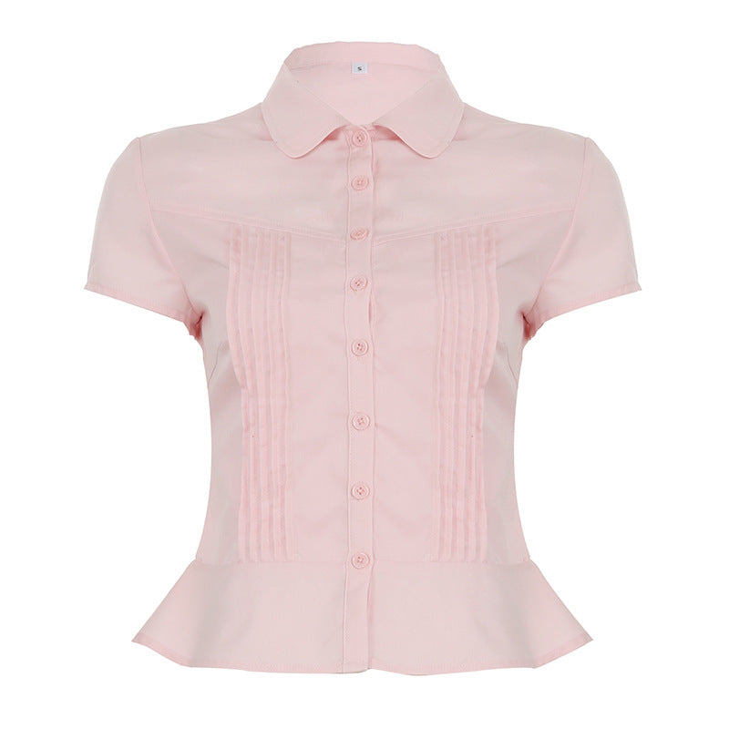 Women's Organ Pleated Solid Color Collar Short-sleeved Blouses