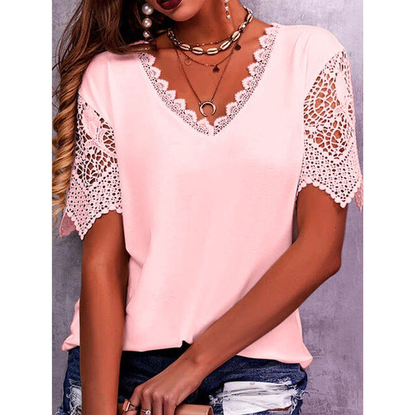 Women's T-shirt Popular Lace Stitching Loose Sleeve Shorts