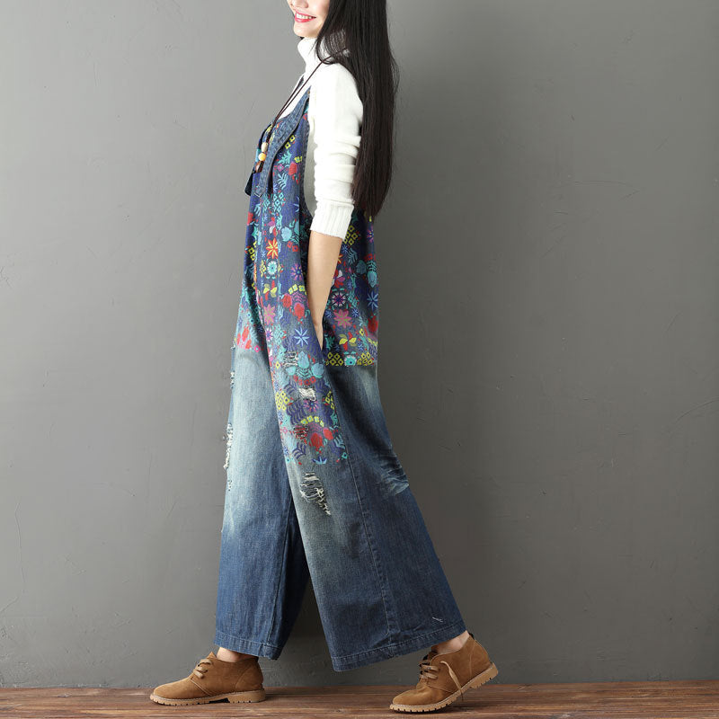 Women's Printed Brushed White Ripped Suspender Female Jeans