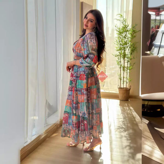 Women's Sexy Chiffon Printed Large Swing Belt Evening Dresses