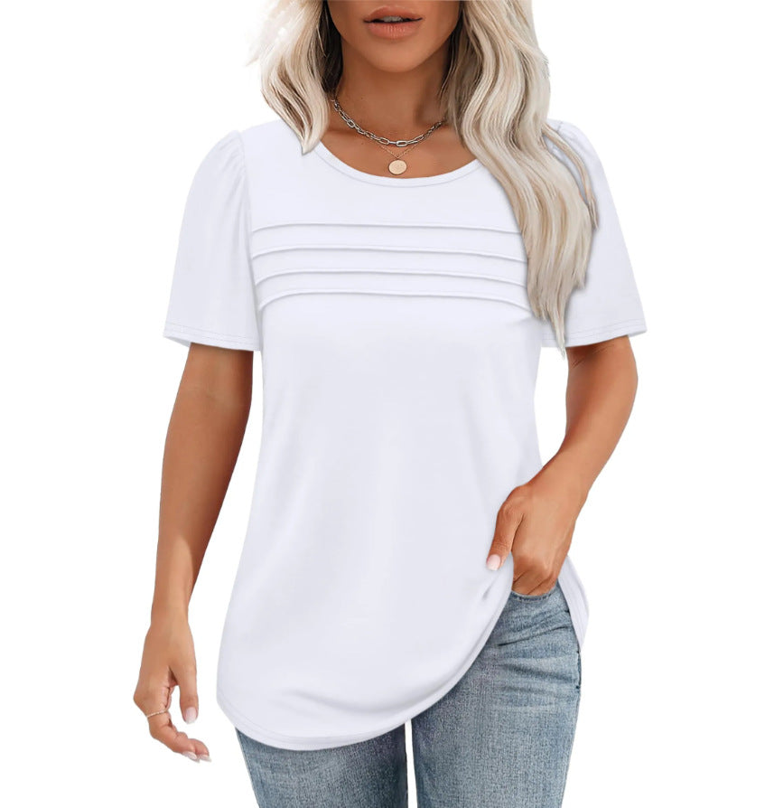Women's Summer Round Neck Sleeve Chest Tuck Line Blouses