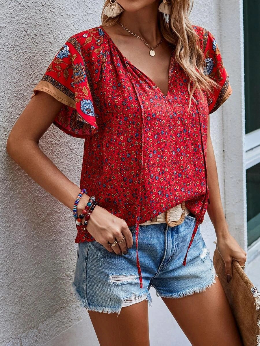 Women's Summer Casual National Style Printed Sleeve Blouses