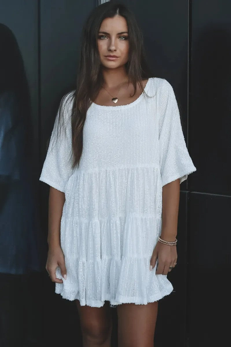 Women's Spring Clothes High-grade Fashionable Sequins Round Neck Loose Waist Dresses