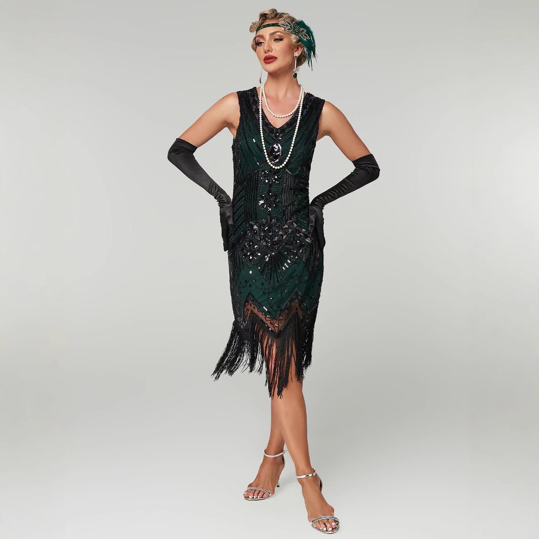 Retro Style Sequin Bead Dress Front Back Evening Dresses