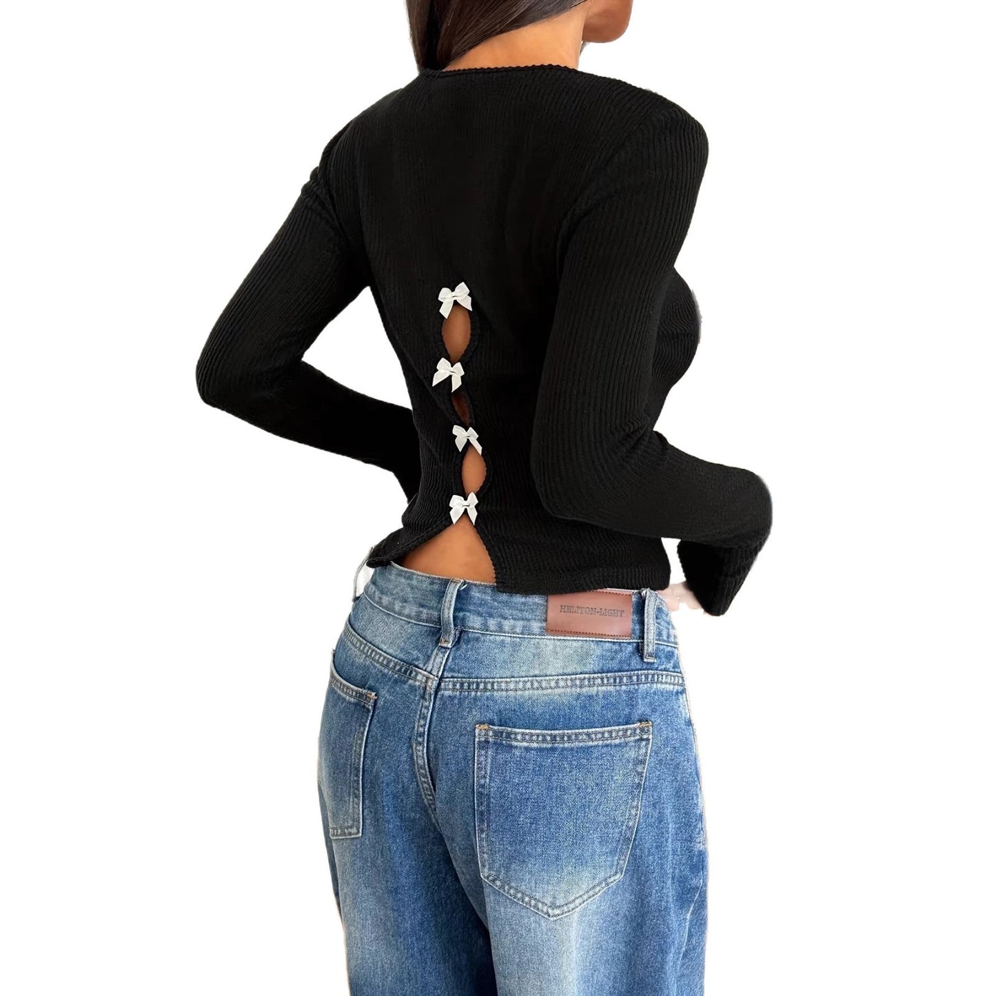 Women's Bow Hollow Slim Fit Slimming Long Sleeve Ribbing Bottoming Tops
