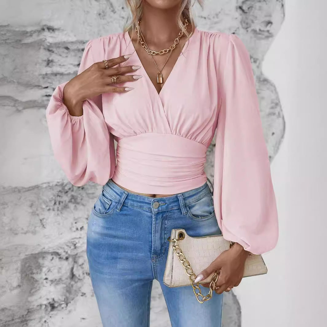 Women's Fashion Tight Waist Sleeve Solid Color Blouses