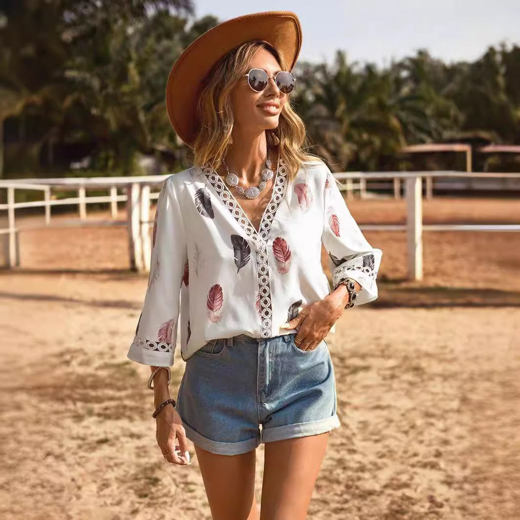 Women's Summer Shirt Fashion Lace Stitching Sleeve Blouses