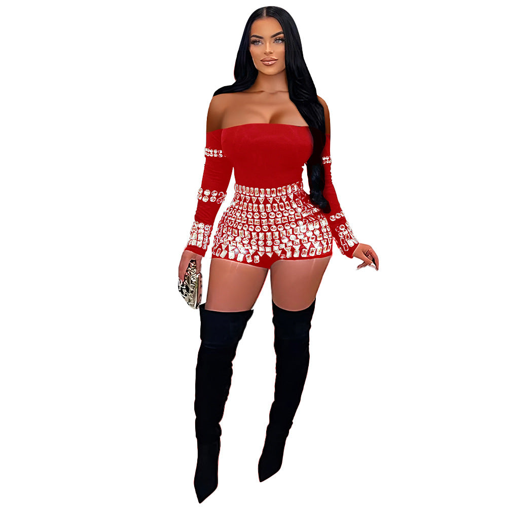 Women's Color Knitted Long Sleeve Rhinestone Sexy Jumpsuits