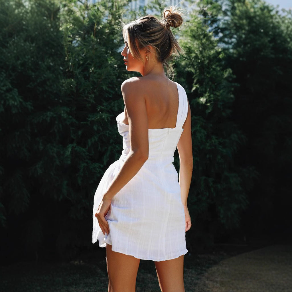 Women's Color Slant Shoulder Belt Irregular Hem Dresses