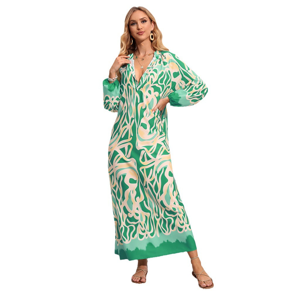 Pullover Sexy Print Wide Hem Long Dresses