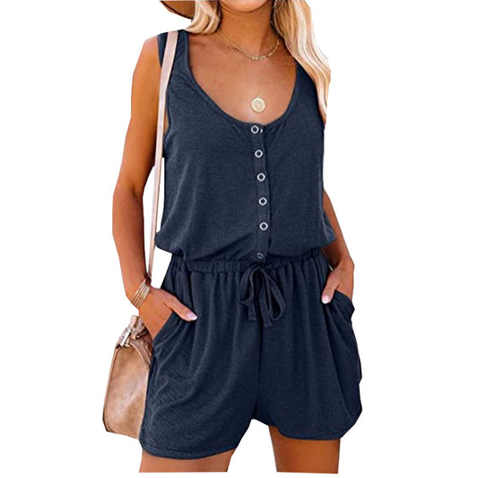 Women's Casual Sleeveless Spoon Collar Button With Jumpsuits