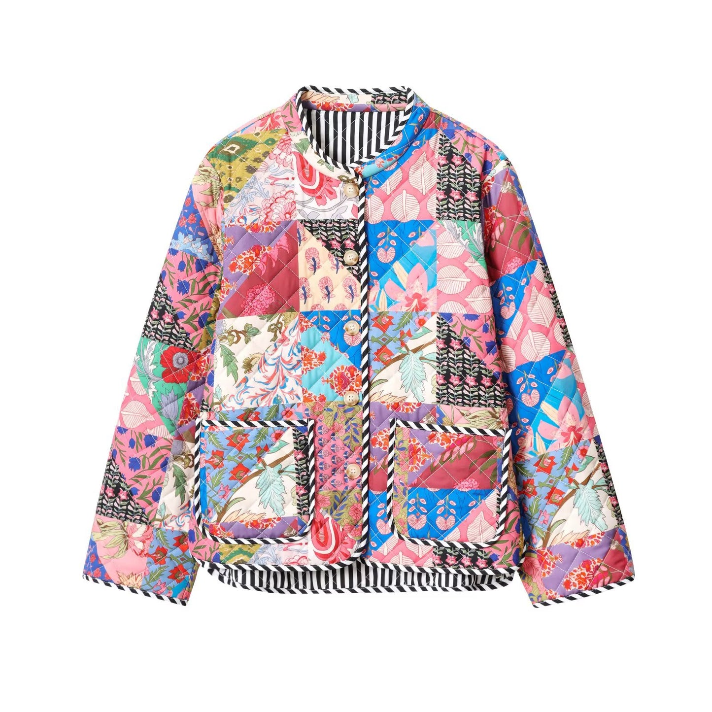Women's Collar Printed Quilted Loose Casual Patchwork Coats