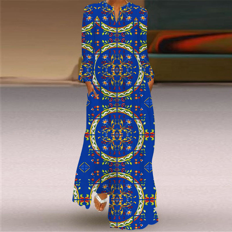Women's Long Dress Sleeve Pocket Printed Loose Dresses