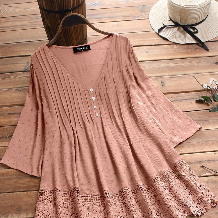 Women's Summer Jacquard Pleated Lace Hollow Out Blouses