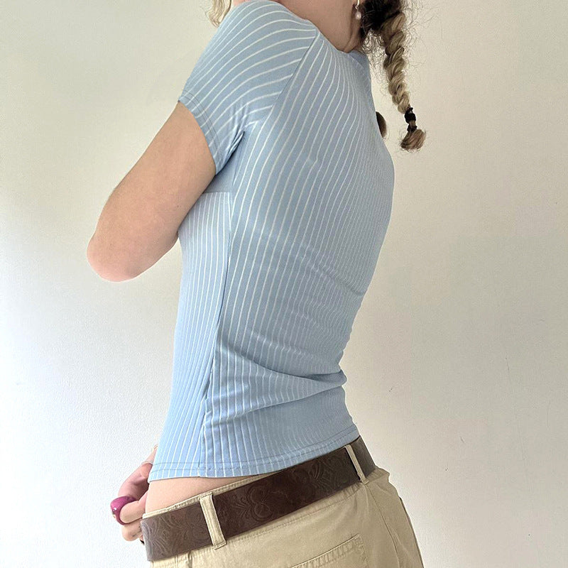 White Vertical Striped Collar Button Stitching Blouses