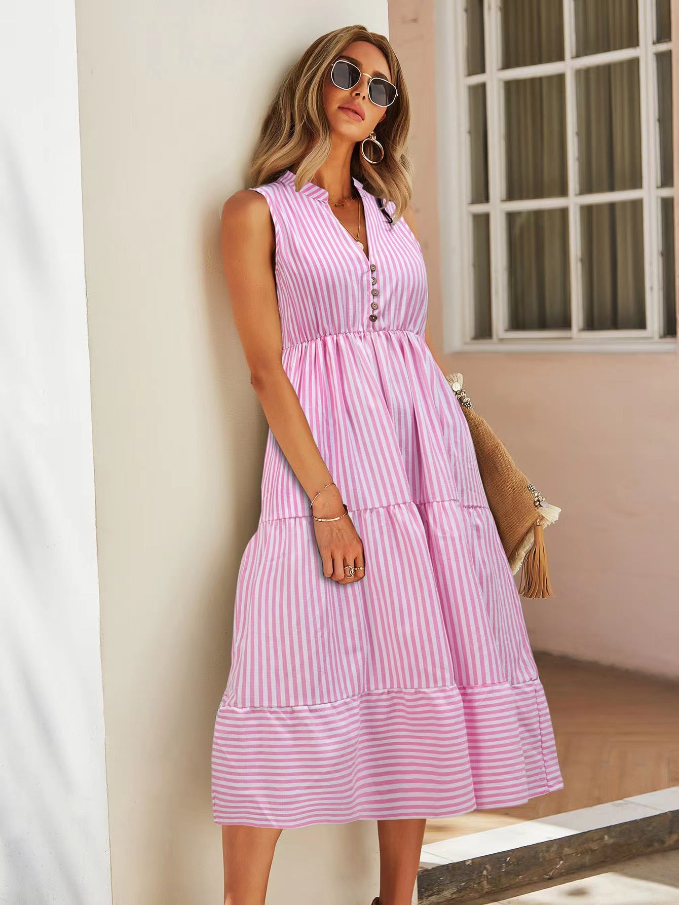 Women's Summer Striped Sleeveless Elastic Waist Large Dresses