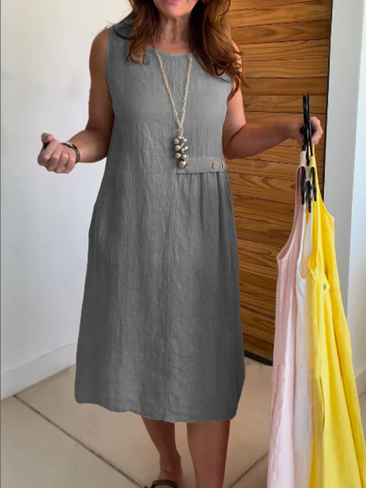 Women's Summer Button Pocket Sleeveless Round Neck Cotton Dress
