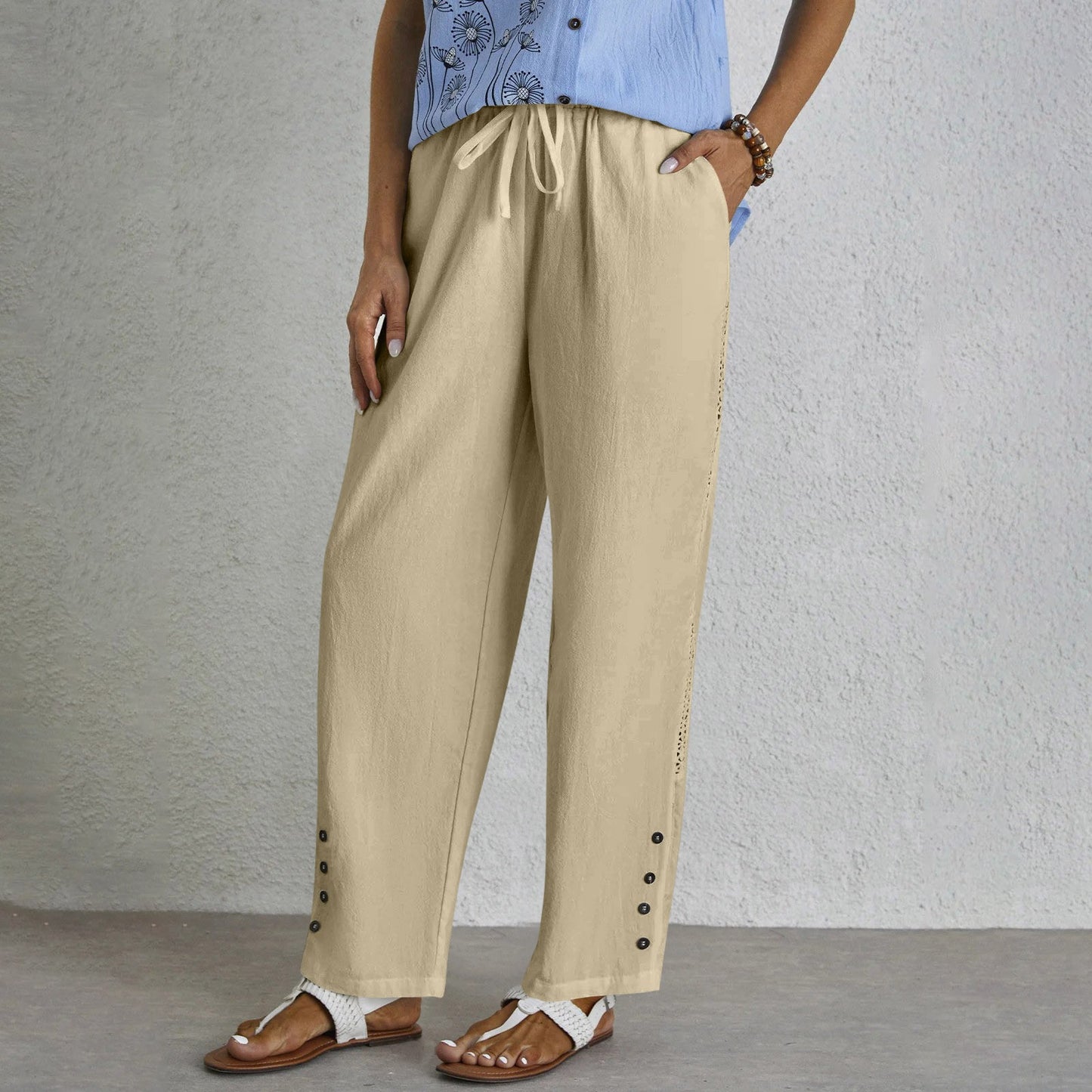 Women's Cotton Linen Drawstring Pocket Lace Button Pants