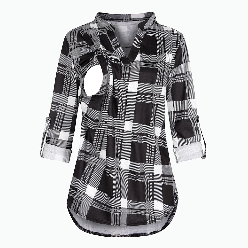 Plaid Printed Pregnant Woman Breastfeeding Long Blouses