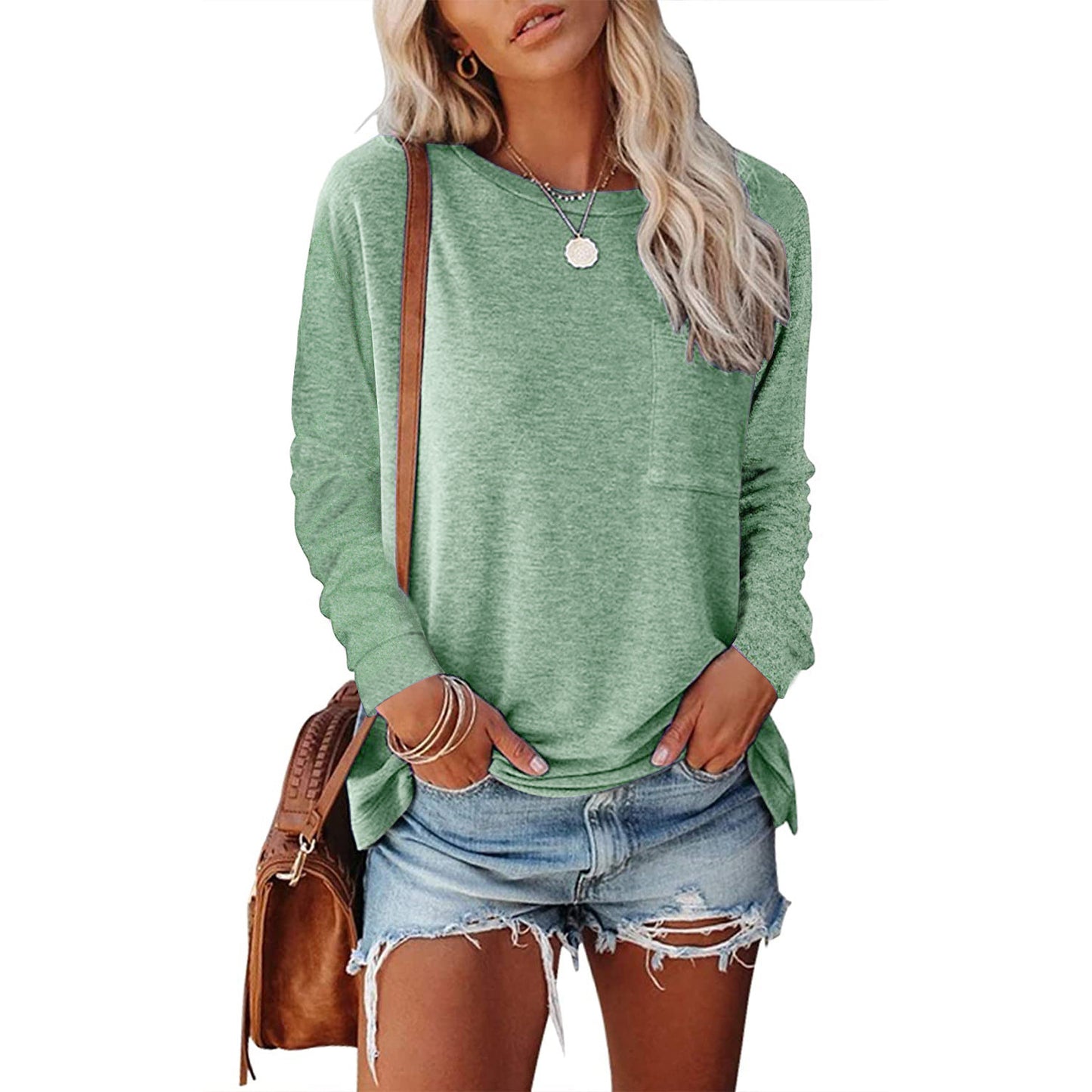 Women's Neck Pocket Split Long Sleeve Casual Tops