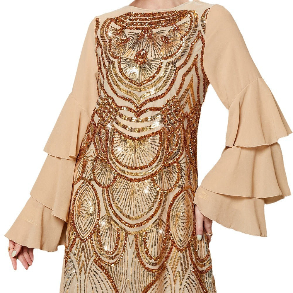 Lotus Leaf Sleeve Positioning Sequined Embroidered Dresses