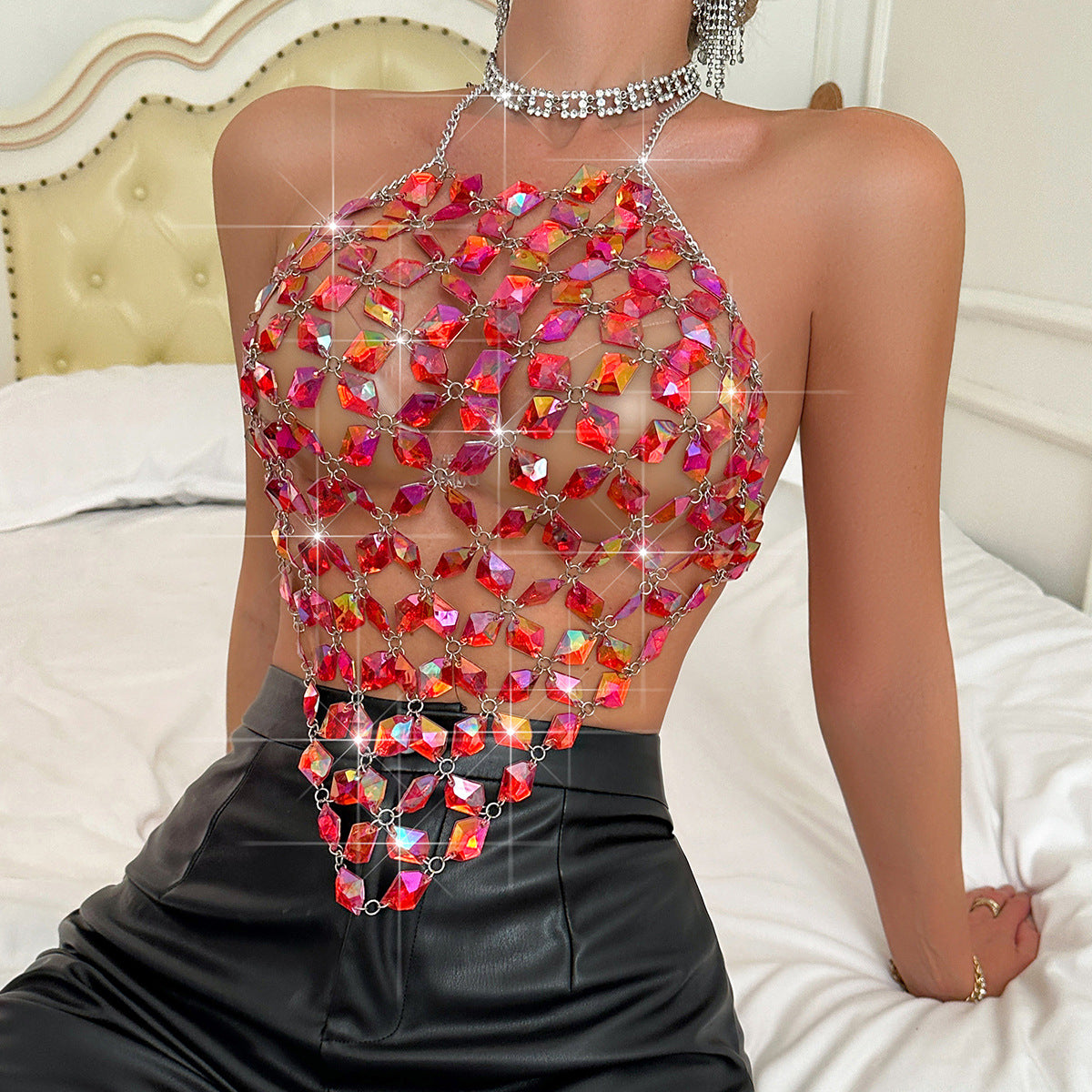 Women's Gem Hand Stitching Model Style Halter Tops