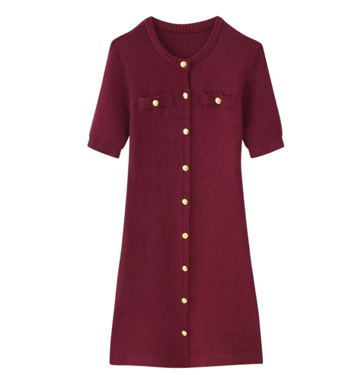 Women's Knitted Short-sleeved Button Wool Dress Dresses