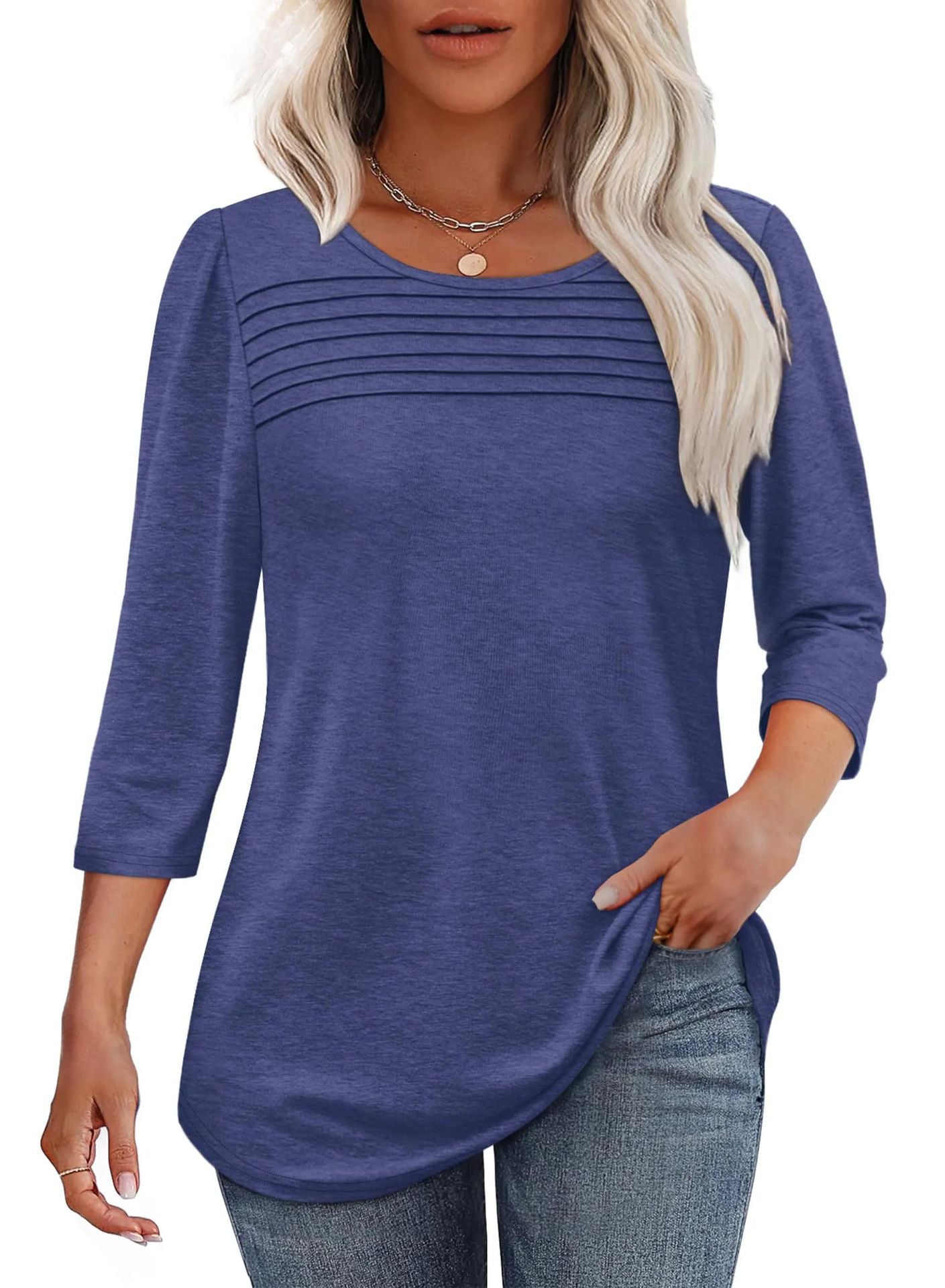 Women's Round Neck Sleeves Chest Tuck Line Blouses