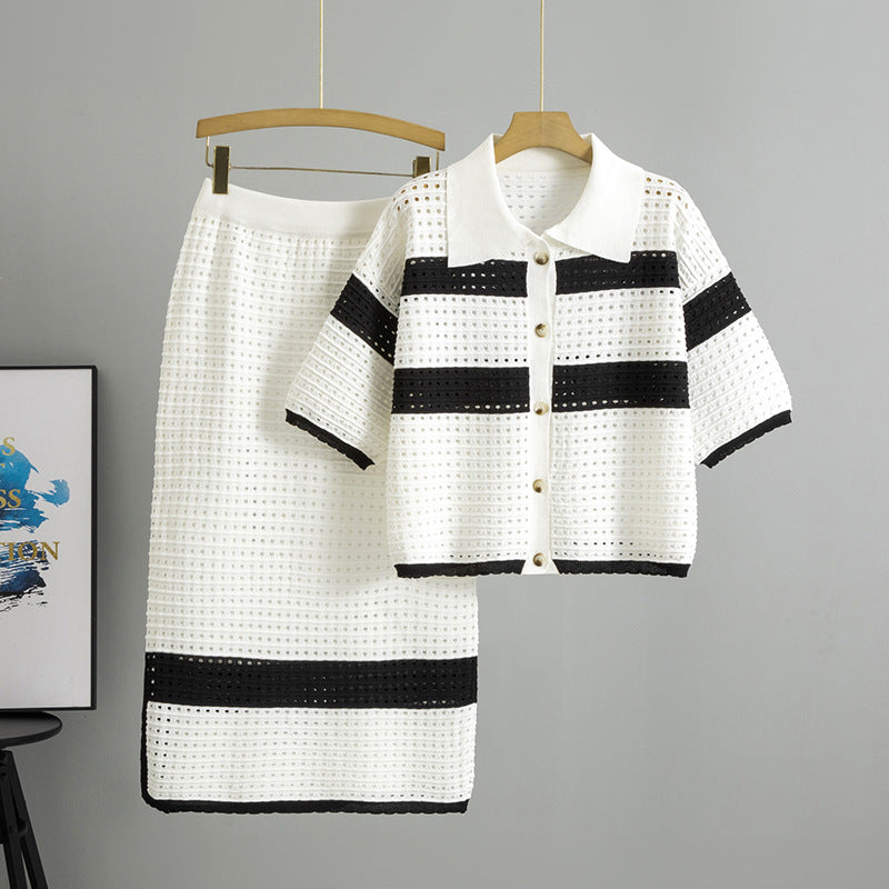 Women's Summer Fashion Elegant Striped Knitted Short-sleeved Midi Suits