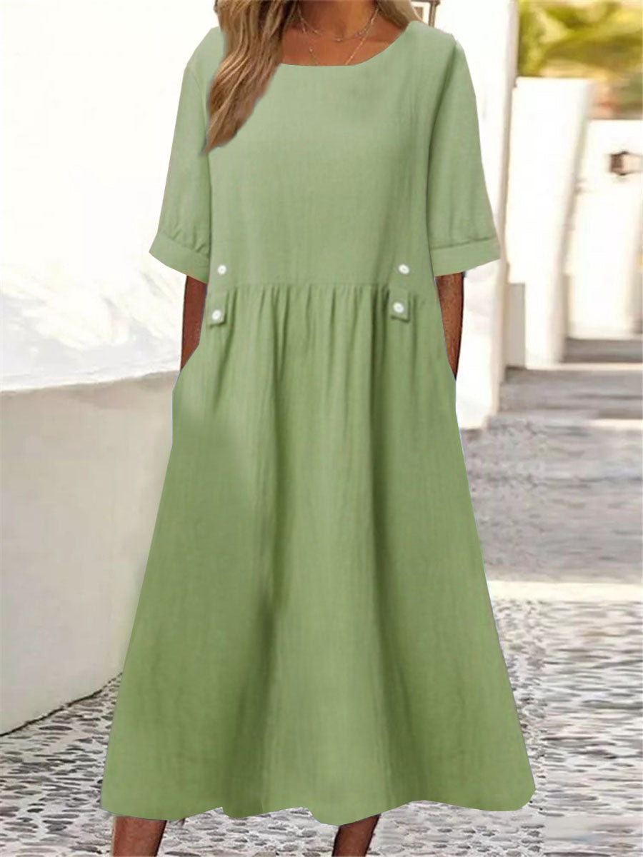 Cotton Linen Dress Round Neck Loose Dresses