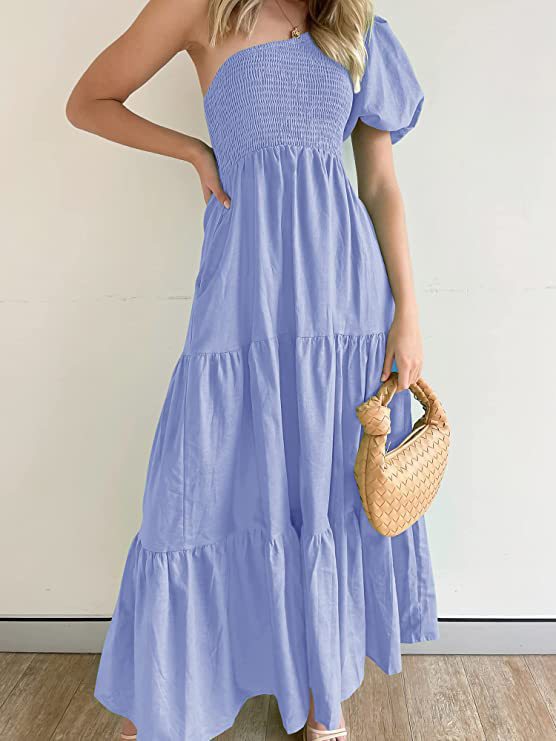 Women's Summer Bohemian Solid Color Smoked Layered Dresses