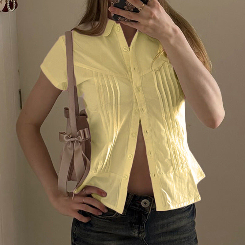 Women's Organ Pleated Solid Color Collar Short-sleeved Blouses