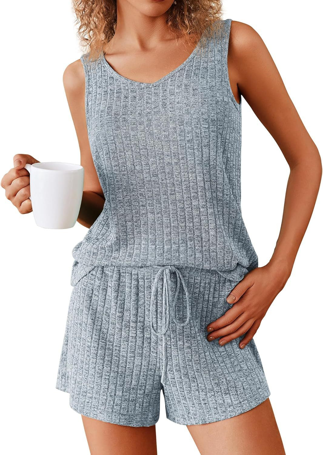 Women's Sleeveless Pajamas Rib Knitted Summer Suits