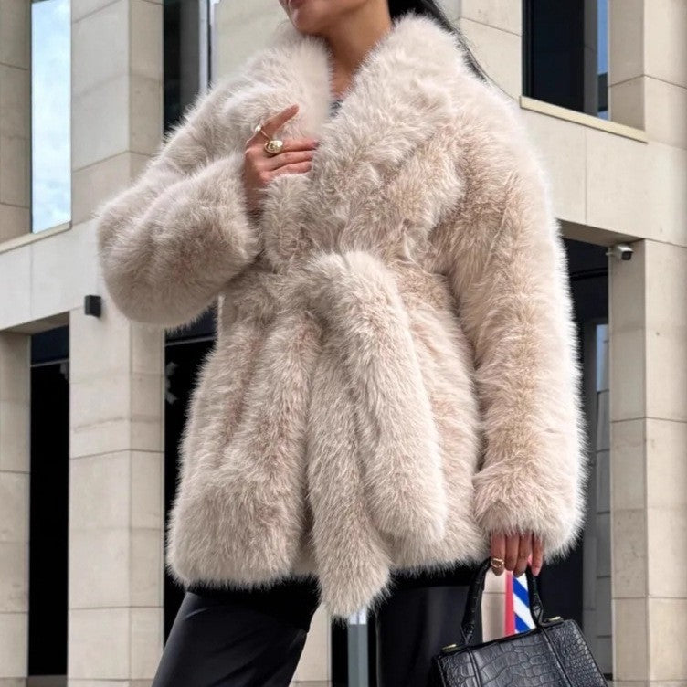 Women's Winter Thickened Faux Fur Mid-length Belt Fox Coats
